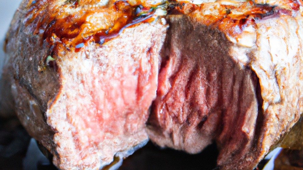 Imagem de um medalhão de filé mignon suíno dourado e crocante, cozido em uma airfryer. A carne é suculenta e tenra por dentro, com uma crosta externa crocante. O medalhão é servido em um prato com guarnições de vegetais, como aspargos e cenouras.