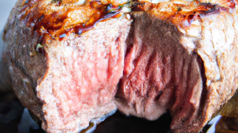 Imagem de um medalhão de filé mignon suíno dourado e crocante, cozido em uma airfryer. A carne é suculenta e tenra por dentro, com uma crosta externa crocante. O medalhão é servido em um prato com guarnições de vegetais, como aspargos e cenouras.