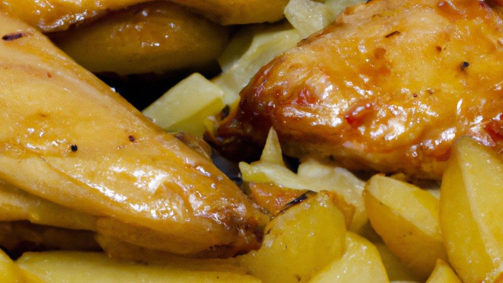 Imagem mostrando um medalhão de frango empanado e dourado, acompanhado de batatas douradas e crocantes, cozidos em uma airfryer.