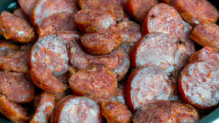 Imagem de um medalhão de linguiça dourado e crocante cozido em uma Airfryer. A linguiça é coberta com ervas e especiarias e servida sobre uma cama de arroz.
