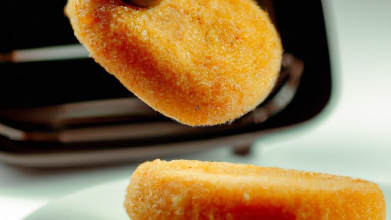 Imagem de um medalhão de queijo coalho dourado e crocante, feito na Airfryer. O queijo está derretido e borbulhando, com uma crosta externa crocante. O medalhão é servido em um prato com um fio de mel escorrendo por cima.