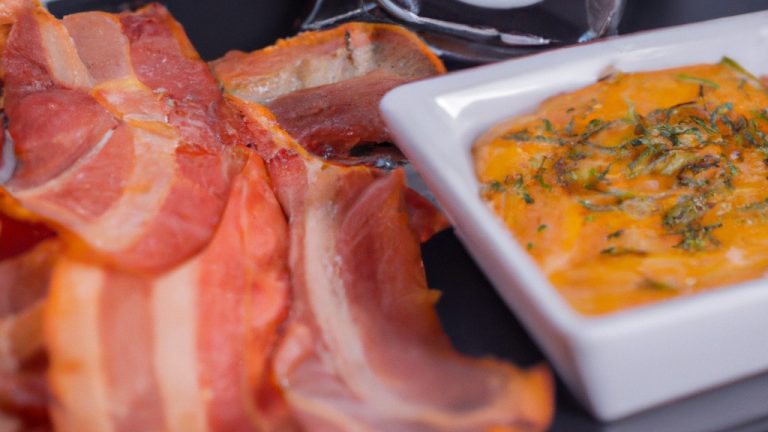 Uma foto de medalhões de porco fritos crocantes em uma Airfryer, cobertos com bacon crocante, ervas e uma pitada de limão para um toque cítrico.