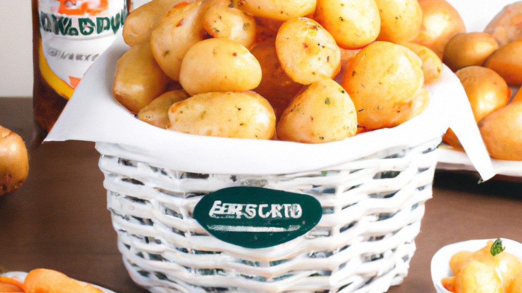 Imagem de mini batatas cortadas em sanfona e dispostas em uma cesta de fritadeira. As batatas estão douradas e crocantes.