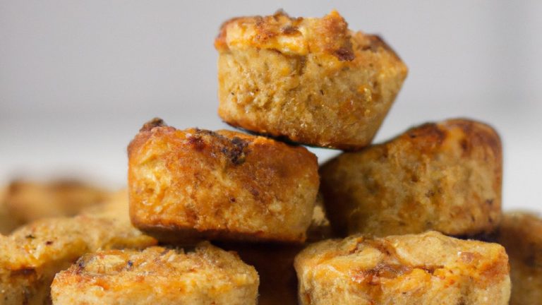 Foto de um mini bolo de banana assado em uma Airfryer. O bolo é marrom-dourado e tem uma crosta crocante. É coberto com uma camada de cream cheese.