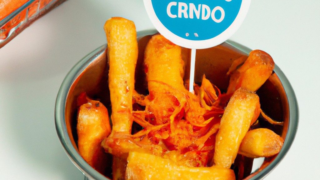 Imagem de mini cenouras cozidas na Airfryer, com um aspecto crocante e dourado. As cenouras estão dispostas numa tigela branca, com um ramo de alecrim fresco como guarnição.