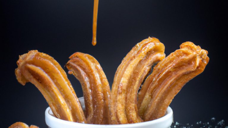 Imagem de mini churros dourados preparados na airfryer, servidos com uma tigela de molho de chocolate ao lado. Esses churros são uma opção saudável e fácil de fazer, perfeitos para um lanche ou sobremesa.