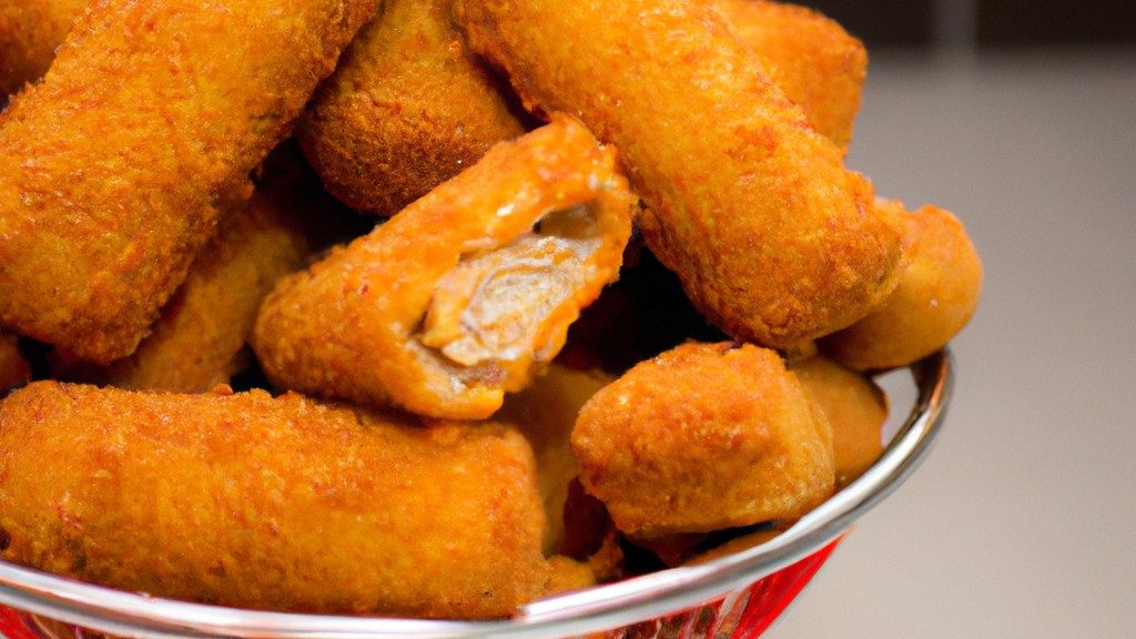 Mini cachorro-quente cozinhando em uma airfryer. Os cachorros-quentes são dourados e crocantes, com um interior suculento. A airfryer é uma cesta de arame com uma base preta e uma alça prateada.