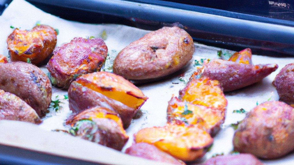 Imagem de batatas cortadas em cubos e temperadas com azeite, sal e pimenta em uma Airfryer. As batatas estão douradas e crocantes, e são servidas em um prato com alecrim fresco.