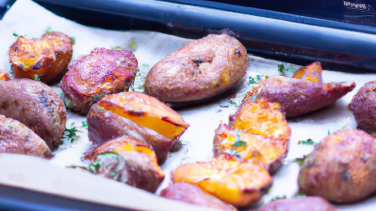 Imagem de batatas cortadas em cubos e temperadas com azeite, sal e pimenta em uma Airfryer. As batatas estão douradas e crocantes, e são servidas em um prato com alecrim fresco.