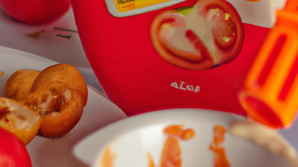 Imagem de uma airfryer com uma cesta cheia de molho de tomate sendo cozido. O molho é vermelho escuro e espesso, com uma crosta leve por cima. A airfryer é preta e cinza, e está colocada sobre uma superfície de mármore branco.