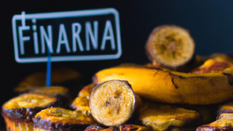 Imagem de um muffin de banana dourado e fofo, recém-saído da Airfryer. A superfície do muffin é levemente crocante, enquanto o interior é macio e úmido. O muffin está salpicado com pedaços de banana e tem um aroma doce e convidativo.