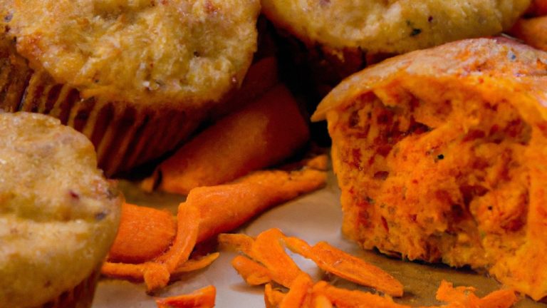 Imagem de muffins de cenoura salgados assados em uma fritadeira, servidos em um prato com cenouras raladas e ervas frescas. Os muffins são dourados e crocantes por fora, com uma textura macia e úmida por dentro.