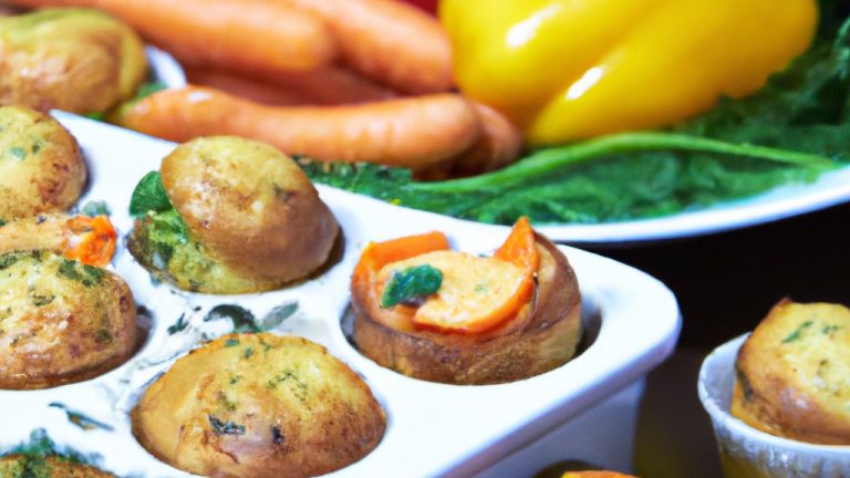 Imagem de muffins de legumes crocantes e dourados feitos na Airfryer. A imagem mostra a textura crocante e o interior macio e colorido dos muffins, destacando os vegetais usados, como brócolis, cenoura e milho.