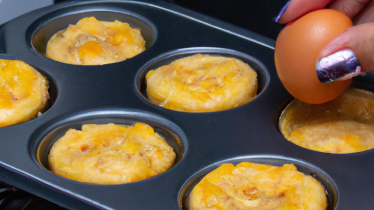 Imagem de muffins de omelete dourados e fofos feitos na Airfryer, servidos em um prato com salsa e pimentão vermelho picado. Os muffins são mostrados de lado, revelando o interior macio e esponjoso.