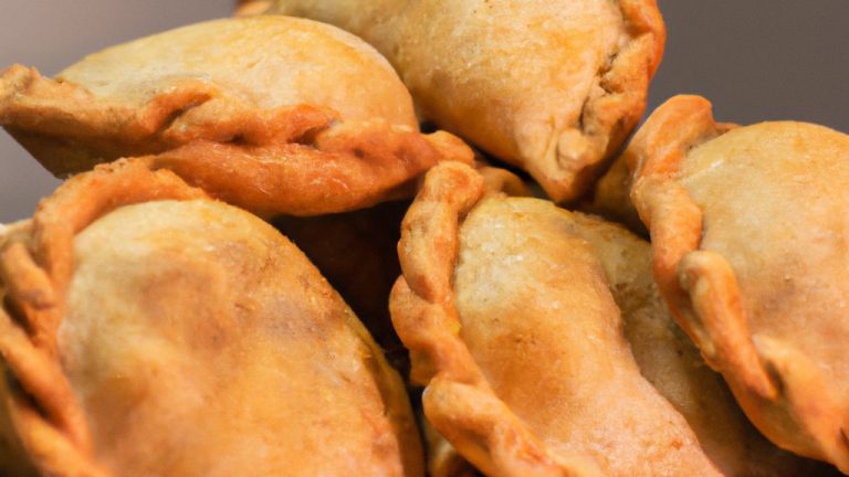 Imagem de uma empanada de mussarela dourada e crocante, preparada na Airfryer. A empanada é recheada com queijo mussarela derretido e vaporoso, cercada por uma crosta escamosa e dourada. O fundo é branco, destacando a empanada.