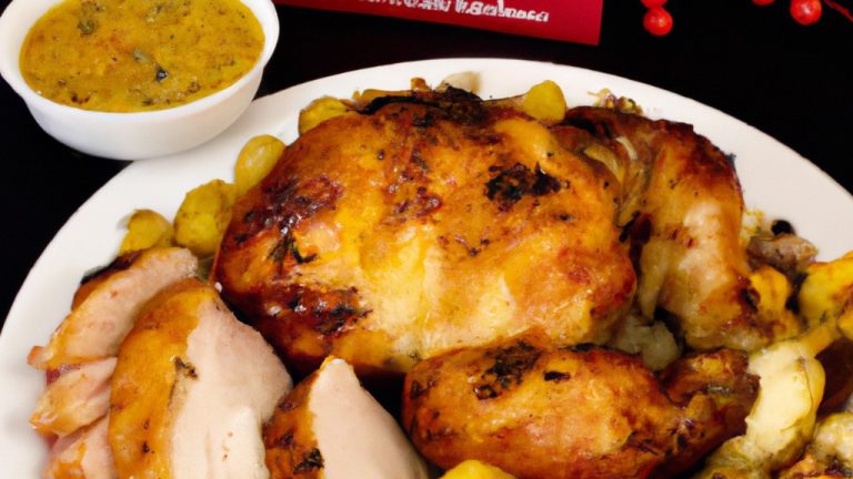 Imagem de um tender suculento e dourado cozido na Airfryer, acompanhado de batatas assadas e cenouras. O tender é coberto com um glace caramelizado e decorado com alecrim fresco.