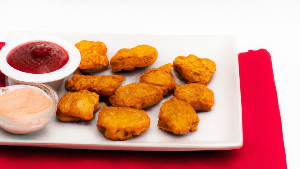 Imagem de nuggets caseiros crocantes e dourados preparados na airfryer, servidos com molhos para mergulhar. Esses nuggets caseiros são uma alternativa saudável e deliciosa aos nuggets fritos tradicionais, perfeitos para um lanche ou refeição rápida.