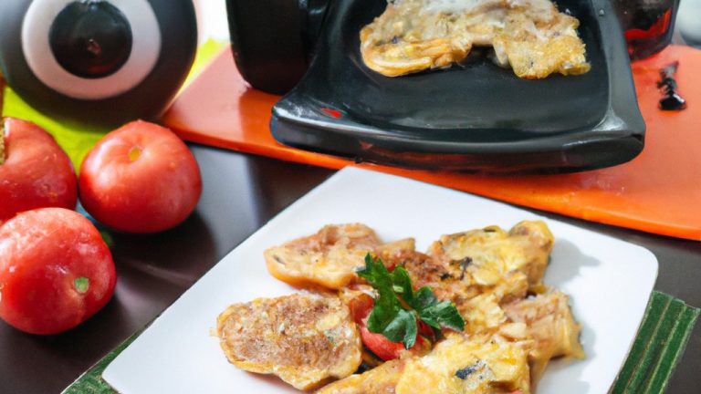 Imagem de uma omelete caprese frita ao ar. A omelete é recheada com mussarela fresca, tomate cereja e manjericão. A omelete é servida em um prato com uma salada verde ao lado.