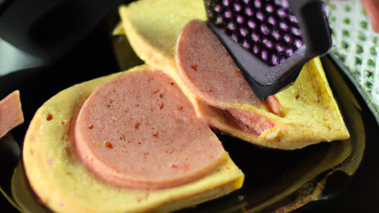 Imagem de omelete com mortadela cozida na Airfryer. A omelete está dourada e recheada com fatias de mortadela, acompanhada de uma porção de salada verde.