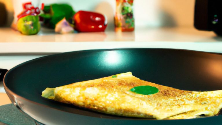Imagem de uma omelete crocante e dourada cozida em uma airfryer. O interior da omelete é fofo e cheio de vegetais coloridos, como pimentões, cebolas e cogumelos. A omelete é servida em um prato com fatias de abacate e salsa fresca. O texto "Omelete na Airfryer: Sabor Irresistível e Saudável" está escrito na parte superior da imagem.