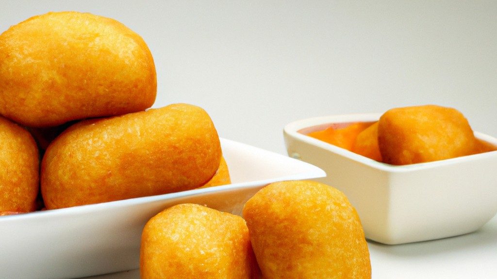 Imagem de pepitas de ouro branco crocantes e douradas cozidas em uma Airfryer, prontas para serem servidas.