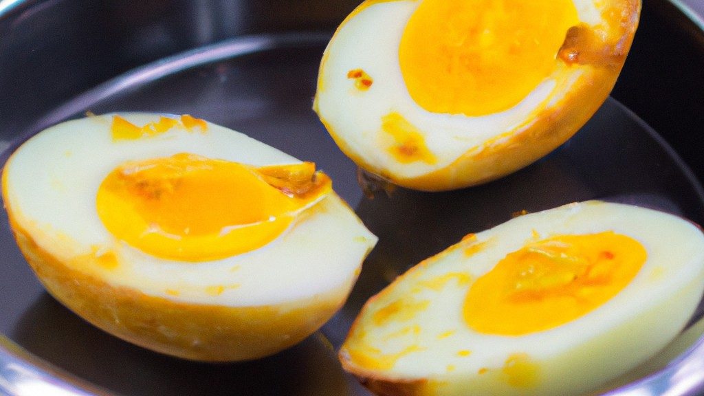 Imagem de um ovo cozido em uma airfryer. O ovo está inteiro, com a casca marrom clara. Ele está ligeiramente rachado na parte superior, expondo o interior branco e amarelo do ovo. O fundo da airfryer é visível, com uma grade de metal e uma bandeja coletora de migalhas.