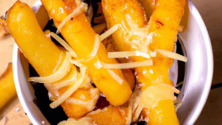 Palitos de batata crocantes e dourados na Airfryer, cobertos com queijo derretido e borrifados com cebolinha fresca. Esses palitos crocantes são o petisco perfeito ou acompanhamento para qualquer refeição.