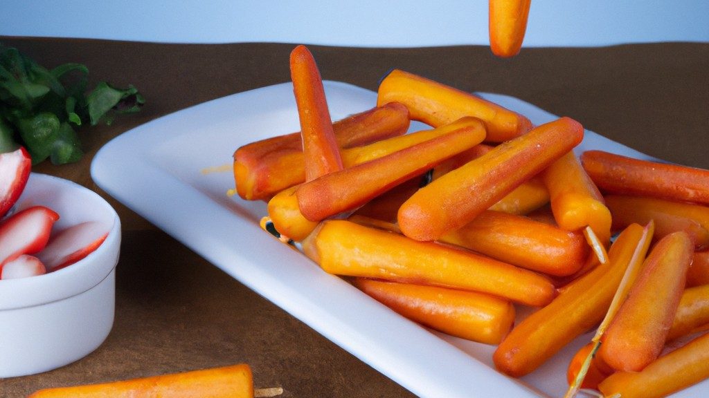 Palitos de cenoura crocantes e dourados preparados na Airfryer. A imagem mostra os palitos de cenoura dispostos em uma assadeira, com um fundo de especiarias e ervas. A Airfryer é visível ao fundo, com a luz acesa.