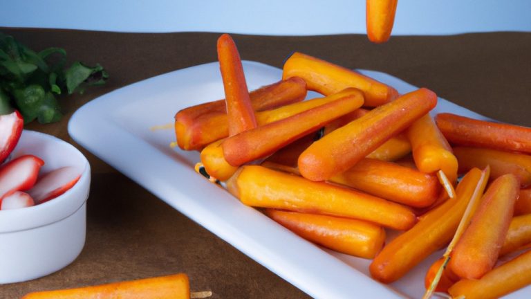 Palitos de cenoura crocantes e dourados preparados na Airfryer. A imagem mostra os palitos de cenoura dispostos em uma assadeira, com um fundo de especiarias e ervas. A Airfryer é visível ao fundo, com a luz acesa.