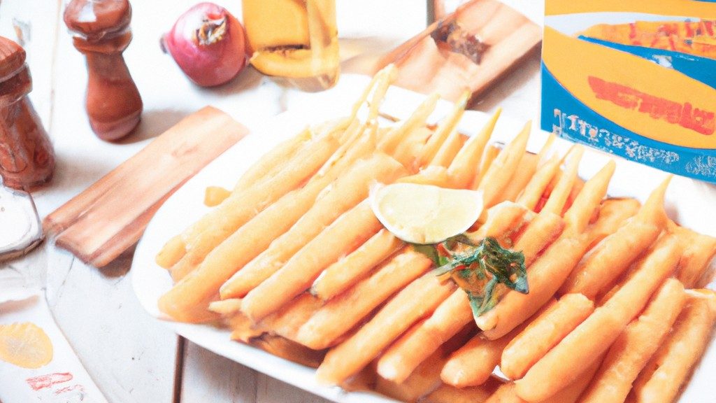 Imagem de palitos de peixe empanados e dourados em formato de bastão, dispostos em um prato branco. Eles são crocantes por fora e macios por dentro, com um leve tom dourado e textura crocante.