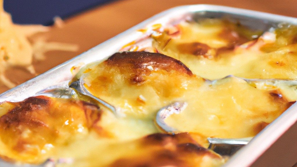 Imagem de uma travessa de cerâmica branca com palmito gratinado preparado na Airfryer. O palmito está coberto com uma crosta dourada e borbulhante de queijo gratinado.