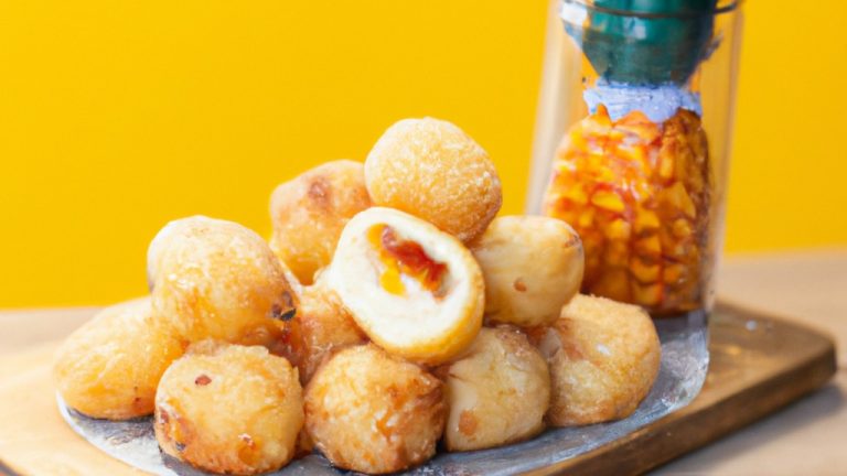 Imagem de uma porção de palmito pupunha assado na airfryer, disposto em um prato. Os pedaços de palmito estão dourados e crocantes, e há uma pequena tigela de molho ao lado.