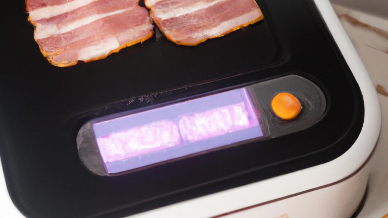 Imagem de uma frigideira cheia de tiras crocantes de panceta suína assada na airfryer.