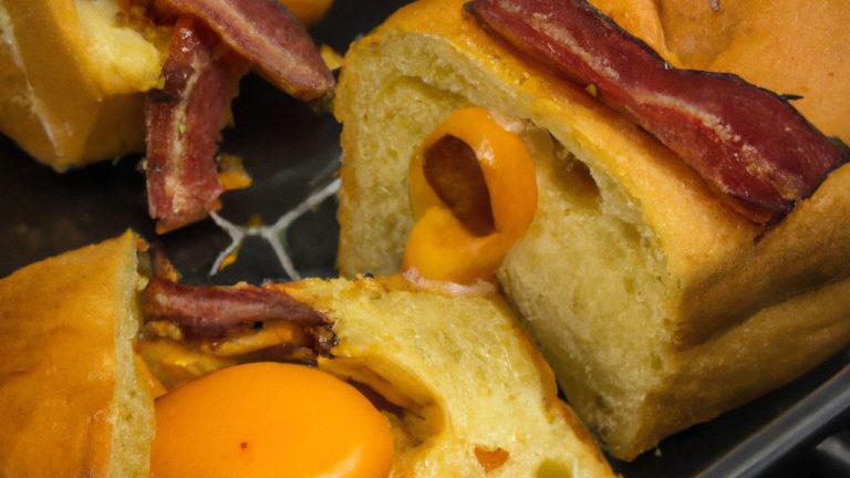 Imagem de um prato com pão, bacon e ovos fritos feitos na airfryer. O pão está torrado e cortado ao meio, e o bacon e os ovos estão dispostos sobre ele. A imagem mostra uma refeição saudável e saborosa, fácil e rápida de preparar.