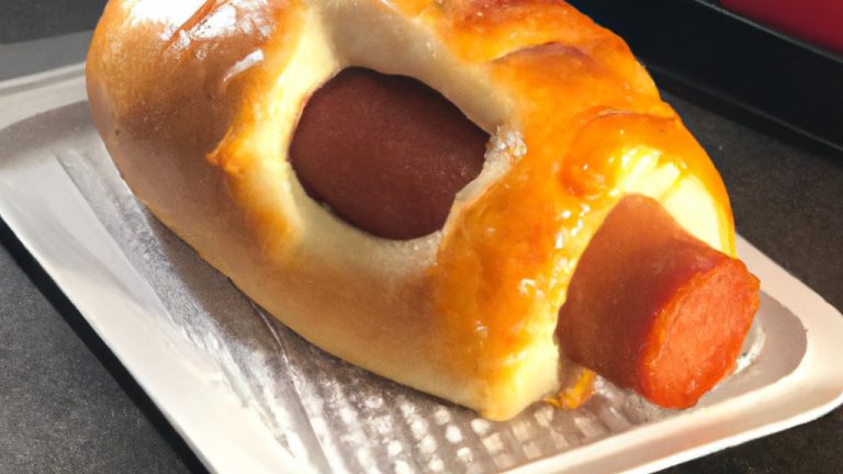Imagem de um pão com chouriço recém-saído da Airfryer. O pão está dourado e crocante por fora, com o chouriço fatiado visível por dentro. A imagem também mostra uma tábua de cortar de madeira com uma faca ao lado do pão.