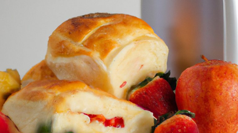 Imagem de uma cesta de vime forrada com guardanapo de tecido contendo pães doces recheados com doce de leite e cobertos com frutas frescas, incluindo morangos, mirtilos e bananas. Os pães doces são dourados e crocantes, tendo sido cozidos em uma airfryer.