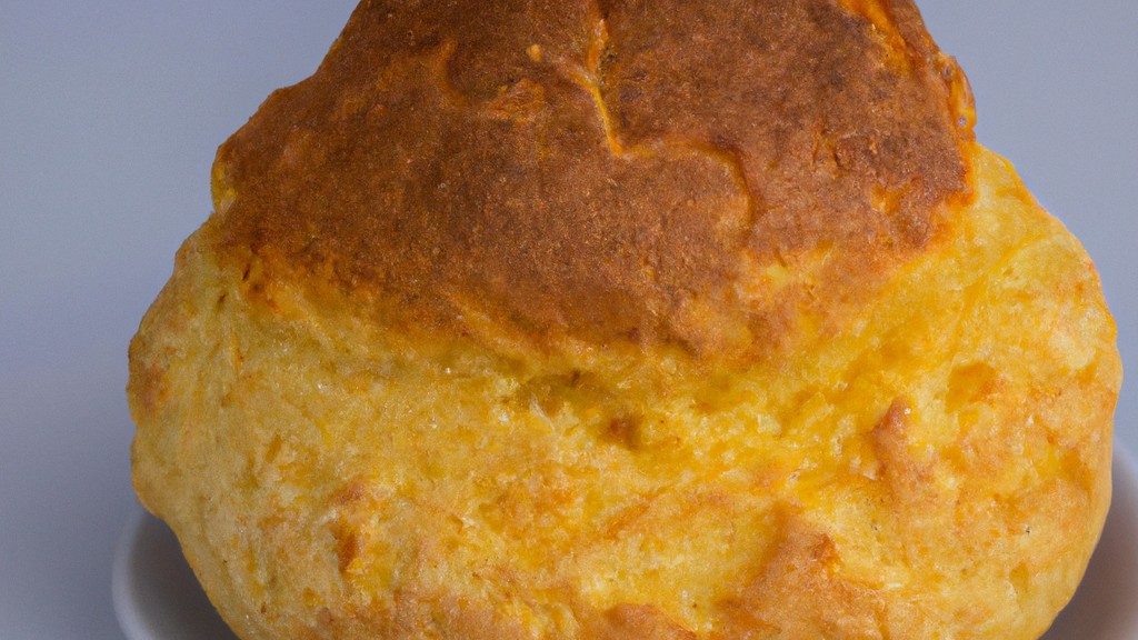 Imagem de um pão de cuscuz dourado e crocante feito na airfryer, sobre uma tábua de madeira. O pão tem uma crosta crocante e um interior macio e fofo.