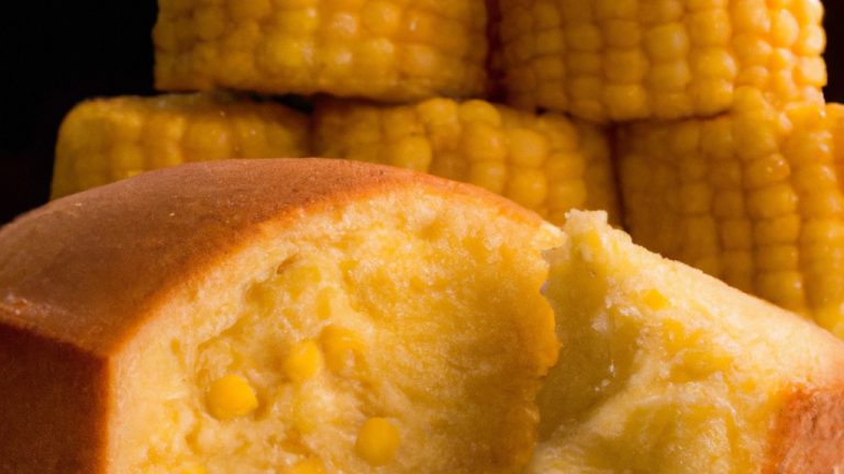 Pão de milho crocante e dourado cozido na Airfryer. O pão é mostrado em fatias, revelando seu interior macio e fofo com grãos de milho visíveis. A Airfryer é mostrada ao fundo, indicando o método de cozimento conveniente.