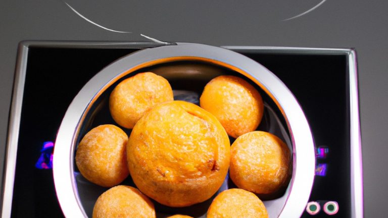 Imagem de pães de queijo congelados sendo preparados em uma airfryer, mostrando o tempo e a temperatura recomendados para cozimento ideal.