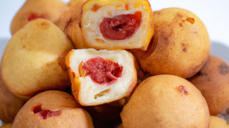 Imagem de pães de queijo recheados com goiabada cozidos em uma airfryer. Os pães de queijo são dourados e crocantes por fora, com um recheio de goiabada doce e pegajoso por dentro.