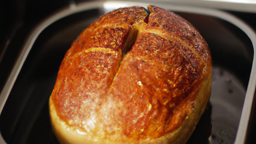 Uma imagem de pão vegano recém-assado em uma Airfryer. O pão é redondo, com uma crosta dourada e uma textura fofa. É colocado em uma cesta de metal dentro da Airfryer.