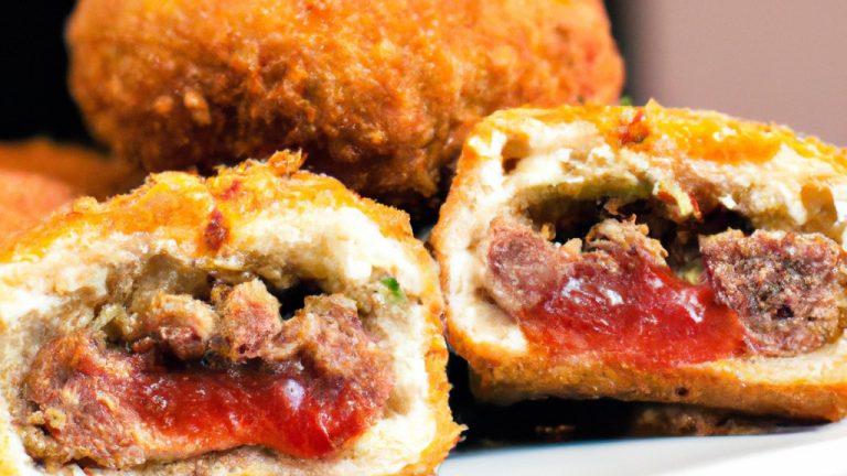 Imagem de um pastel de hambúrguer frito ao ar, com uma crosta dourada e recheio suculento. Pastel de hambúrguer caseiro feito na Airfryer, uma receita fácil e saborosa para um lanche ou refeição rápida.