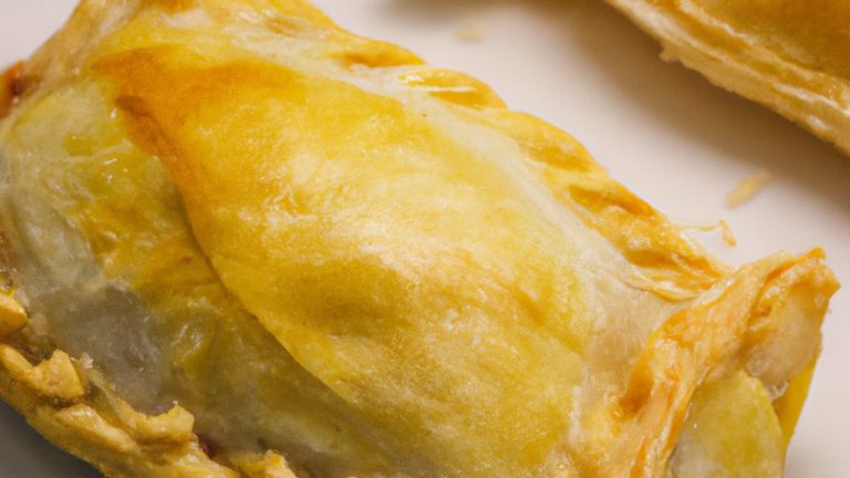 Foto de pastéis de massa folhada quentes e crocantes cozidos na airfryer. Os pastéis são recheados com ingredientes variados, como presunto, queijo e vegetais. Eles são apresentados em um prato branco, prontos para serem saboreados.