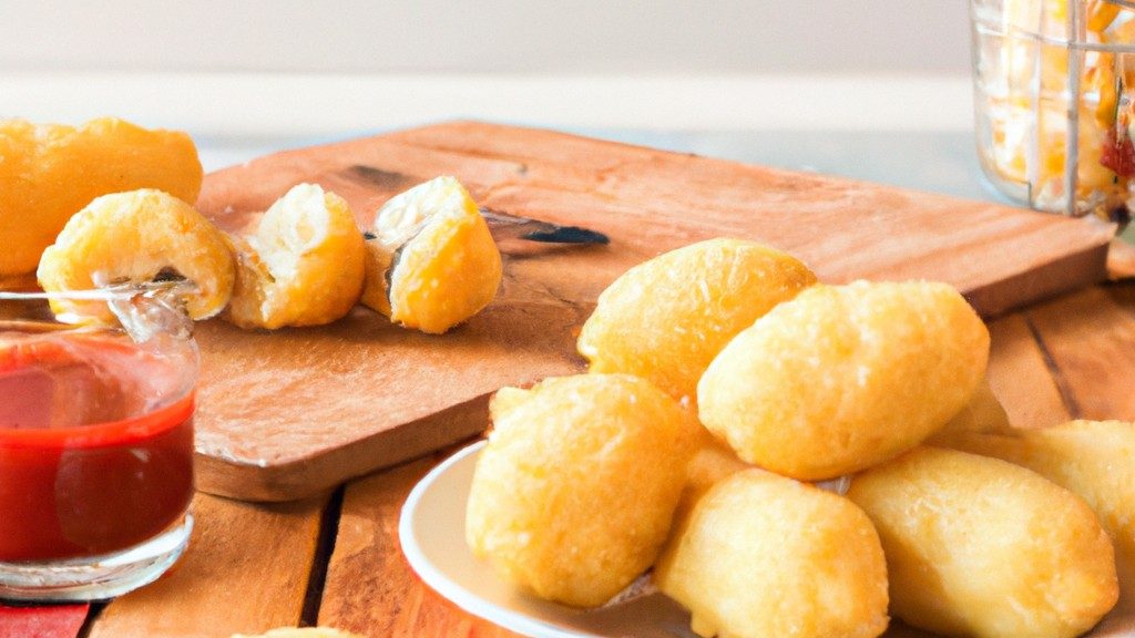 Imagem de um pastel de milho frito em uma airfryer, com recheio dourado e crosta crocante. O pastel é colocado sobre uma grade de metal, com um fundo azul claro.