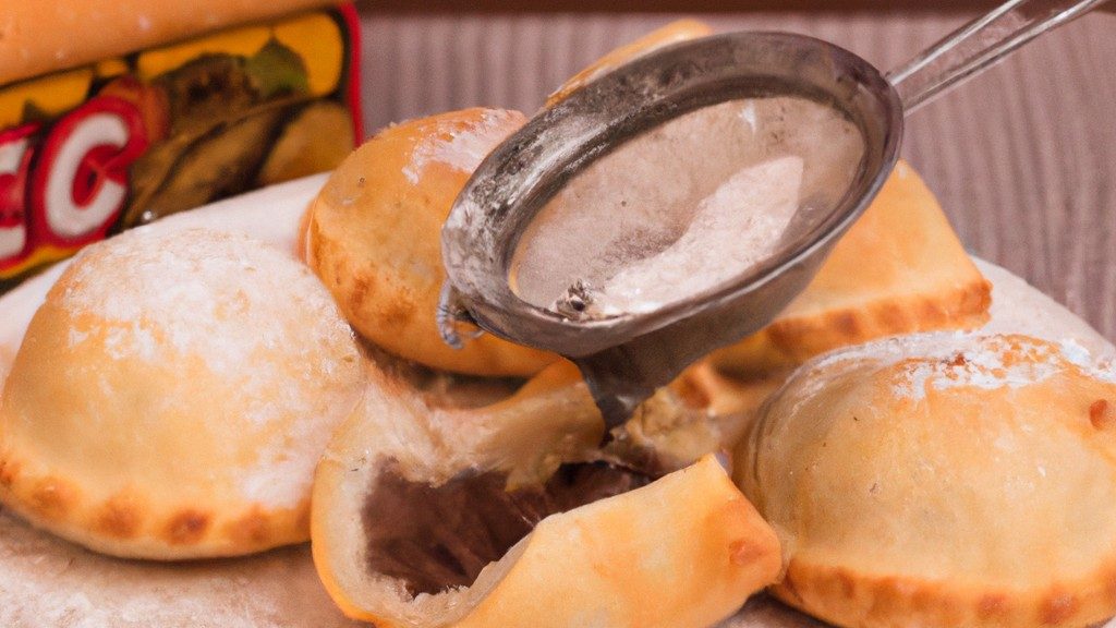 Imagem de um pastel de Nutella recém-assado em uma airfryer, com recheio cremoso e derretido visível. O pastel é dourado e crocante por fora, com uma camada de açúcar de confeiteiro polvilhada por cima.