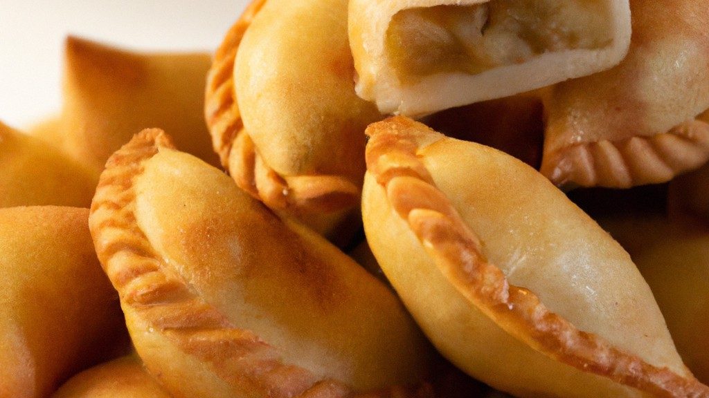 Pastel de palmito assado em uma airfryer, com uma crosta crocante e recheio cremoso e saboroso. O pastel é cortado ao meio, revelando o interior amanteigado e o recheio verde-claro.