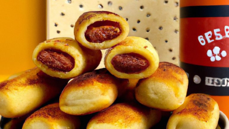Foto de pastéis de salsicha fritos no ar, preparados em uma fritadeira de ar. Os pastéis são dourados e crocantes, com a salsicha cozida no interior.