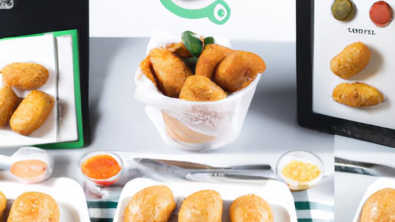 Imagem de uma airfryer cheia de pastéis fritos e dourados, com um prato ao lado contendo mais pastéis.