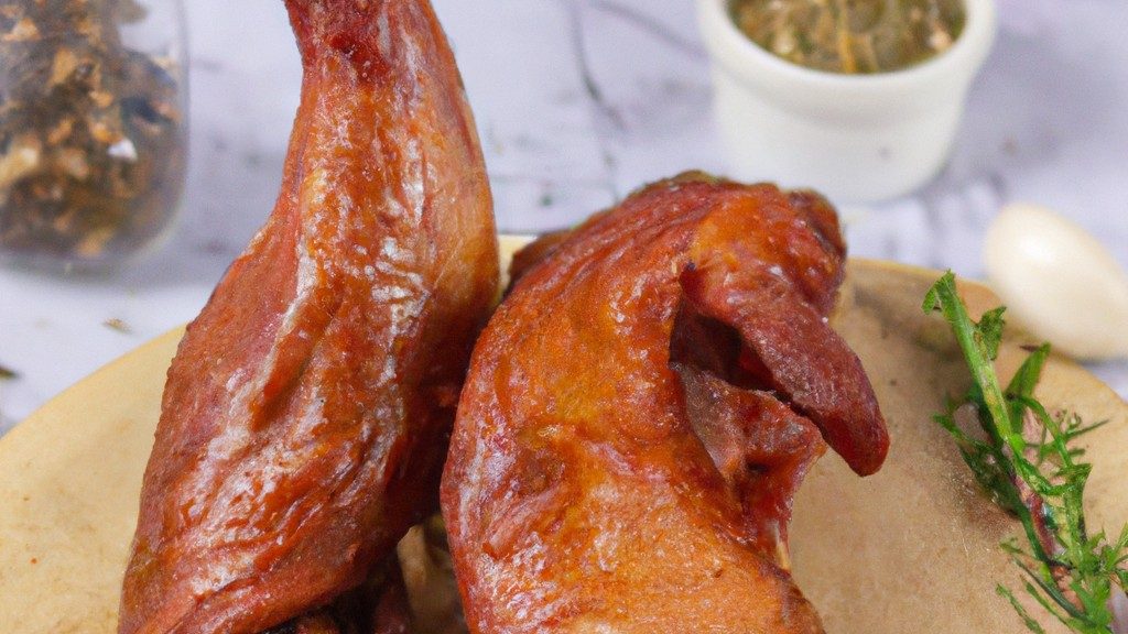 Imagem de um pato inteiro temperado dentro da cesta da airfryer. O pato está dourado e crocante, com um limão partido ao meio do lado.