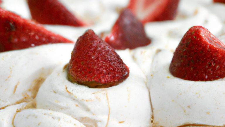 Uma imagem de uma Pavlova crocante e dourada feita na Airfryer. A Pavlova é coberta com chantilly e frutas frescas, como morangos e mirtilos.